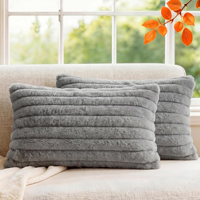 Pack of 2 Throw Pillow Covers 20x12 Decorative Solid Plush Faux Fur with Soft Velvet Back, Square Striped Cushion Cases Modern Farmhouse Home Decor for Living Room Couch Sofa Bed Dark Gray