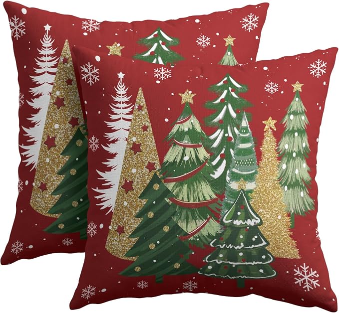 Kawani Christmas Red Throw Pillow Covers 20x20 Inches, Set of 2 Gold Green Xmas Trees Holiday Decor Square Pillowcase Cotton Linen Cushion Covers for Sofa Living Room Couch Bedding