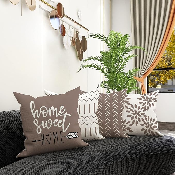 YCOLL Pillow Covers 18x18 Set of 4, Modern Sofa Throw Pillow Cover, Decorative Outdoor Linen Fabric Pillow Case for Couch Bed Car, Khaki