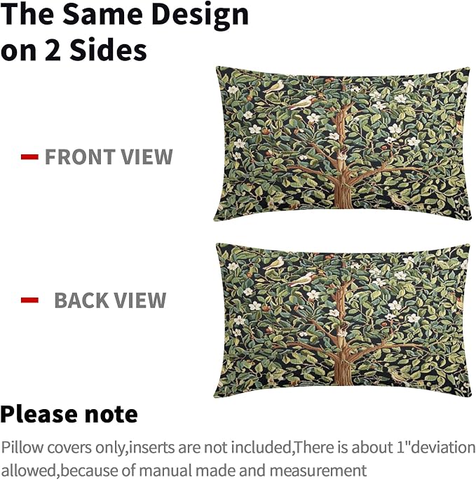 Tree Green Lumbar Pillow Covers 12X20 Inch Set of 2 Watercolor Forest Bird Floral leaves Decorative Pillow Cases Spring Summer Vintage Leaf Flower Cushion Case Farmhouse Home Decor For Sofa Couch