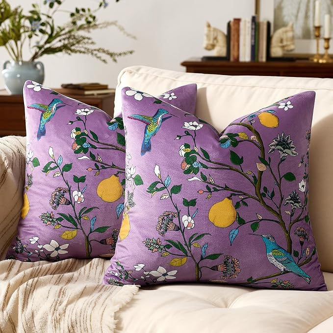 MUSSEL Plum Purple Floral Vintage Decorative Pillow Covers 18x18 Set of 2 | Soft Velvet,Wild Flower Plant,Throw Pillows Case,Square,Colorful Farmhouse Cushion Covers,Home Sofa Bed Couch Decor