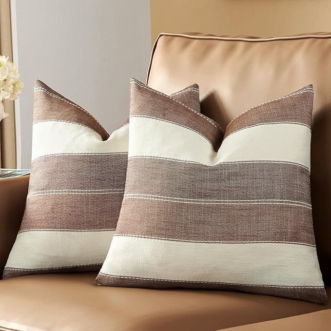 Pack of 2 Farmhouse Stripe Check Throw Pillow Covers Set Case Cotton Linen Decorative Pillowcases Cushion Cover for Couch Bench Sofa 16x16Inch Brown