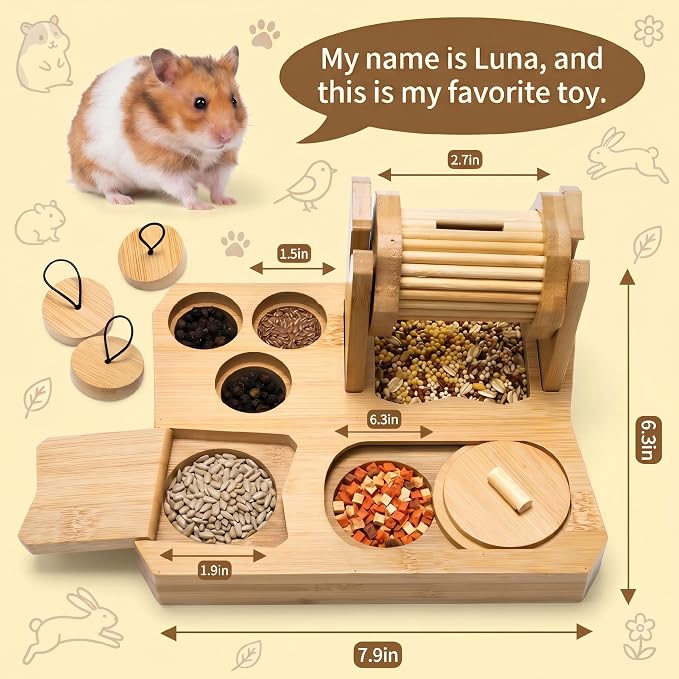 6-in-1 Guinea Pig Foraging Toys, Bamboo Hamster Enrichment Toys, Snuffle Puzzle Feeder with Hide Treats for Small Animals, Rabbits, Chinchilla, Rat