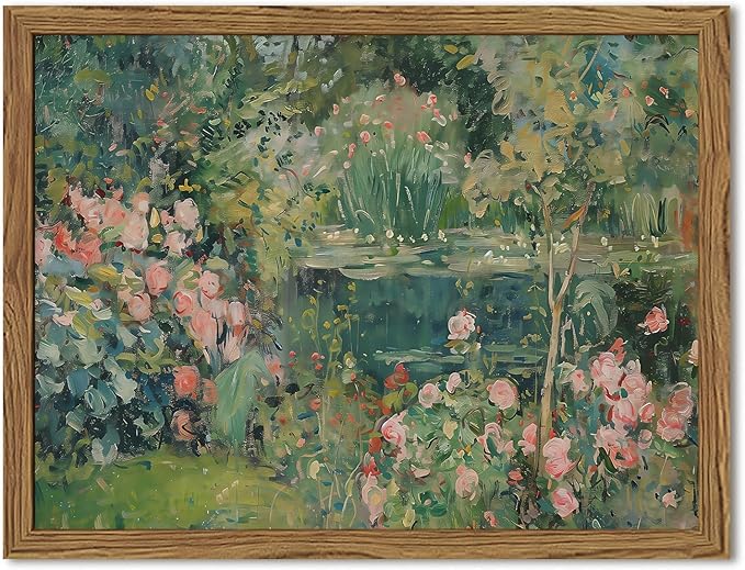Framed Vintage Floral Landscape Canvas Wall Art, Rose Garden Pond Wall Decor Paintings, Rustic Cottagecore Nature Plant Pictures Prints Aesthetic Home Decor for Living Room Bedroom Bathroom 16x24 inch