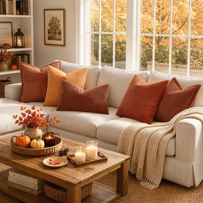 MIULEE Fall Soft Corduroy Throw Pillow Covers Set of 2 16x16 Dark Rust | Decorative Striped Textured Cushion Cases, Boho Rustic Square Pillowcases, Home Decor for Couch Chair Sofa Bed Living Room
