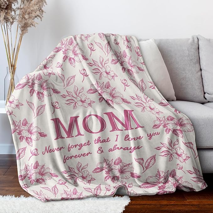Gifts for Mom, Mom Birthday Gifts from Daughter Son, To My Mom Blanket | I Love You Mom Gifts for Birthday, Christmas, Mothers Day, Blanket for Mom with Hibiscus Flowers Print, 60" x 50", Pink