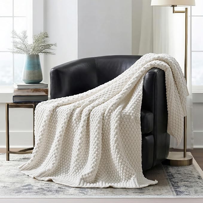 EVERGRACEHOME Chunky Chenille Knit Throw Blanket, 50 x 60, Bright White | Sculpted Moss Stitch, Chic Modern Farmhouse, All-Season Warmth, OEKO-TEX® Certified, Elegant Blanket for Couch, Bed, Sofa