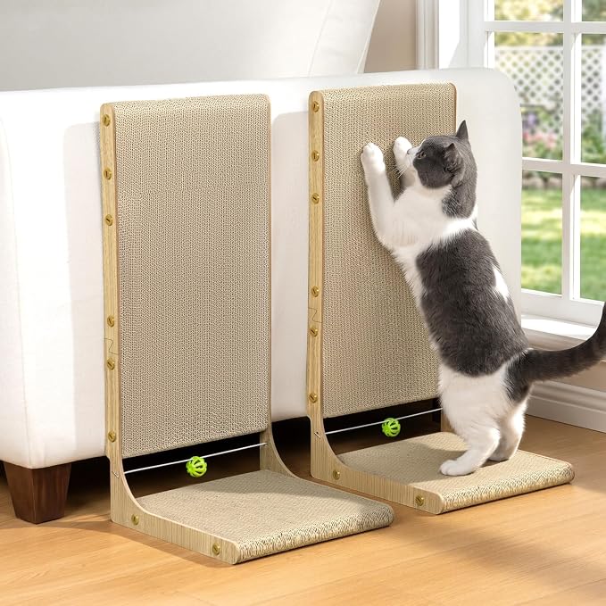 Conlun Cardboard L Shape Cat Scratcher 22"(2 Pack) | Vertical Wall-Leaning Scratching Board & Cosy Lounge Bed, Sofa Protector with Bell Toy,Wood Grain，Medium