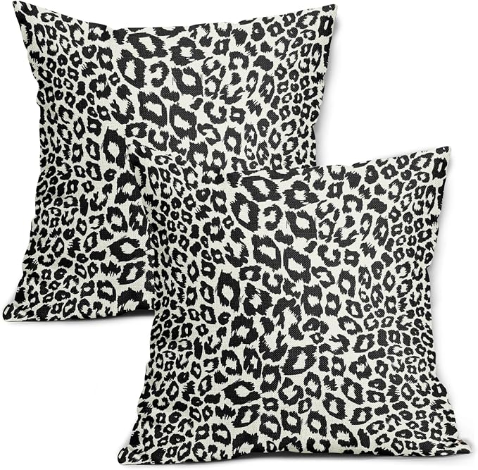 Black White Leopard Print Pillow Covers 18X18 Inch Set of 2 Cheetah Animal Spots Decorative Pillow Cases Preppy Chinoiserie Linen Cushion Case Farmhouse Home Decor for Sofa Couch Porch Outdoor