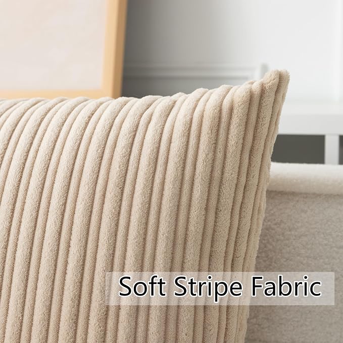 UGASA Velvet 18x18 Inch Soft Throw Pillow Covers Decorative Corduroy Striped Both Sides Solid Square Cushion Cases Boho Farmhouse for Couch Bedroom Sofa Home, Pack of 2, Beige