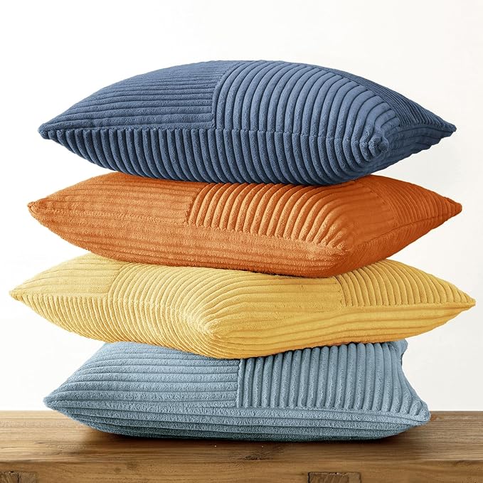 MIULEE Summer Yellow Blue Decorative Throw Pillow Covers 18x18 Inch Set of 4 Soft Corduroy Boho Patchwork Pillow Covers Modern Farmhouse Bright Home Decor for Sofa Living Room Couch Bed