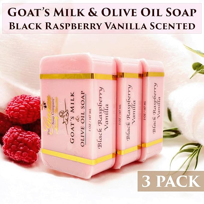 The Grecian Soap Company Goat Milk & Olive Oil Soap Bar 3-Pack – Black Raspberry Vanilla Scent, Natural Bar Soap for Dry & Sensitive Skin, Moisturizing & Nourishing Body Soap Bars, Made in USA