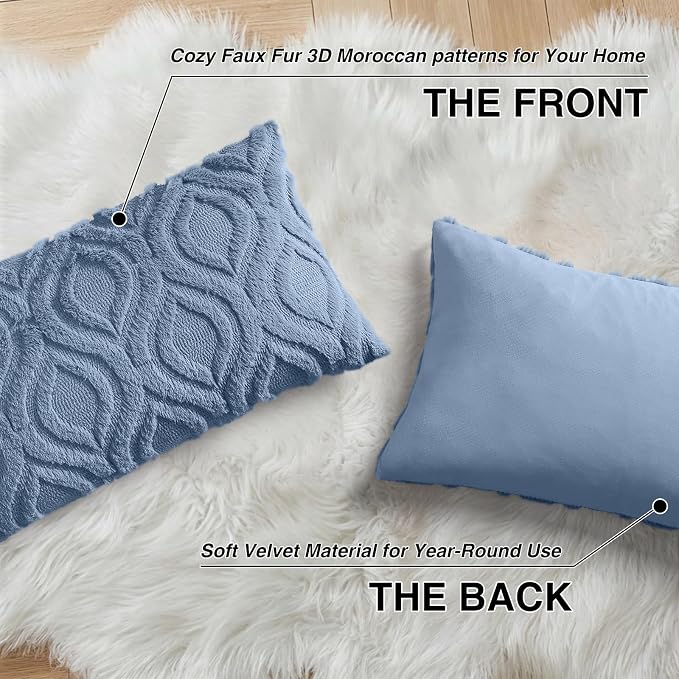 decorUhome Faux Fur Soft Dusty Blue Throw Pillow Covers 12x20 Set of 2 | Plush Solid Fall Couch Pillow Covers, Accent Modern Farmhouse Neutral Decorative Square Pillow Cases for Sofa Bed Living Room