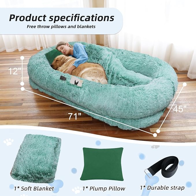 WROS Human Dog Bed for Adult, 71"x45"x12" Calming Nest Beds, GreenWhite | Washable Soft Faux Fur Cover, Orthopedic Foam Support, Non-slip Bottom, Includes Blanket, Strap & Pillow