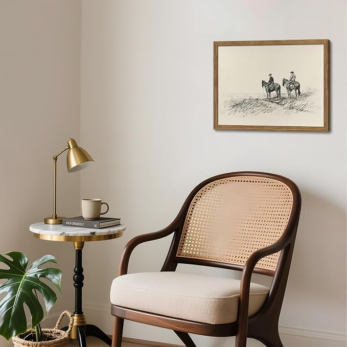 Framed Western Wall Art, Cowboys on Horses Sketch Picture Print, Western Wall Decor, Vintage Country Farmhouse Western Cowboys Canvas for Living Room Bedroom Home 16x24 inch