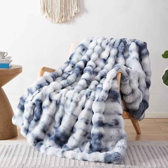 Faux Fur Throw for Couch - Tie-dye Blue Bubble Blanket 50"x60" | Fluffy Plush Fuzzy Throw for Sofa & Bed, Super Soft Cozy Comfrt Blanket, Luxury Aesthetic Blue Decor Gift for Women