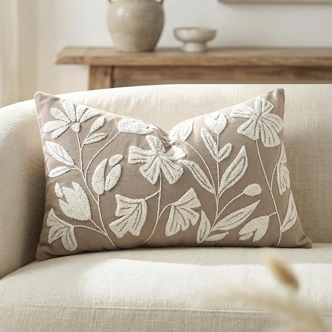 Decorative Lumbar Pillow Cover 12x20, Light Taupe Accent Velvet Throw Pillowcase for Couch Sofa Living Room, Floral Tufted Rectangular Cushion, Cover Only