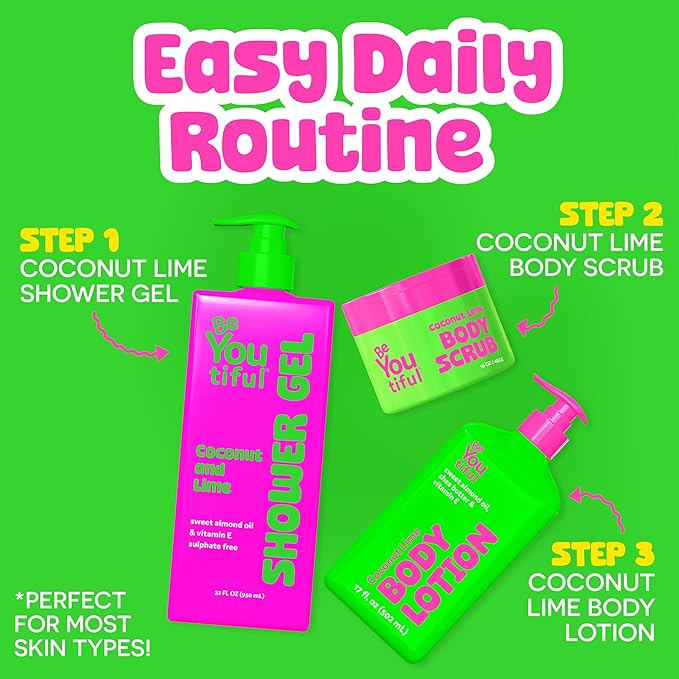 BeYoutiful Coconut Lime Super Smooth Body Lotion for Dry Skin, Natural Hydrating Moisturizer for Kids and Teens, Cruelty Free Skin Care, 17oz