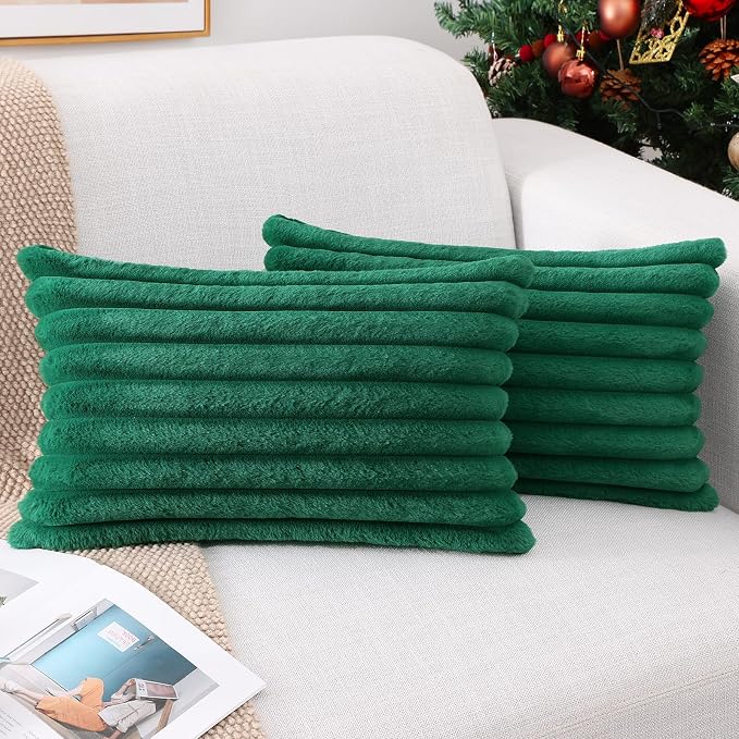 Pallene Faux Fur Throw Pillow Covers 12x20 Set of 2, Christmas Green | Luxury Plush Texture, Striped Design, Cozy Soft Touch, Modern Home Accent Decor for Couch, Sofa, Bed, Living Room
