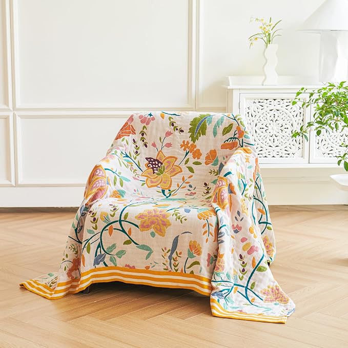VANJOROY Boho Throw Blanket for Bed, 100% Organic Cotton Breathable Ultra Soft 50" x 60" Quilt Beige Throw - All Season Floral Farmhouse Decor Luxury Reversible Blanket for Sofa Couch Chair and Gift