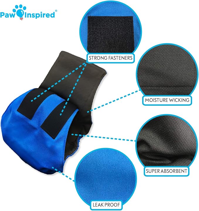 Paw Inspired Washable Male Dog Wraps, Assorted/Black Lining, Medium, 3 Pack | M Size, Blue/Green/Brown Colors, Reusable Cloth Belly Bands for Potty Training, Marking, Incontinence, Travel, Surgery