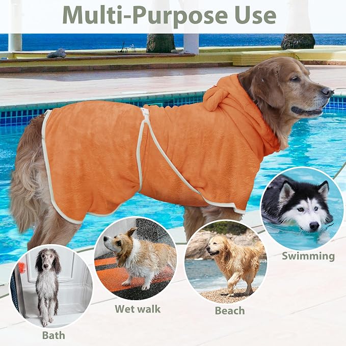 Dog Bathrobe Super Absorbent Towel Robe - Microfiber Bath Towels Fast Drying Coat for Dogs, Cute Dogs Clothes Adjustable Collar & Belly Strap Warm Keeping Hooded Dog Towel (Orange, Large)