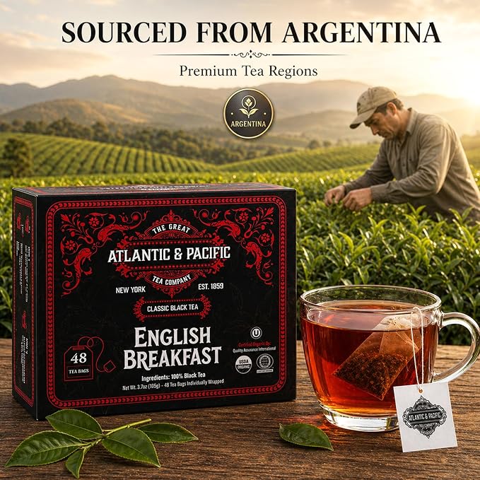 A&P Organic English Breakfast Tea Bags, 48 Count, Full Bodied Rich Black Tea, Bold Flavor, Smooth Finish, Premium Black Tea, Hot or Iced Tea, Morning and Evening Tea, Fresh Aroma, Classic Blend