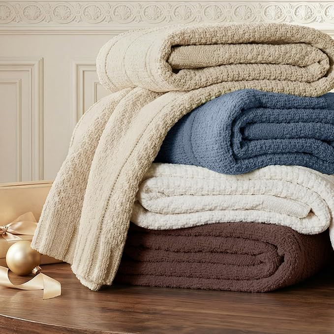 Chenille Throw Blanket for Couch, Soft Cozy Chunky Knit Blanket, Moss Stitch Throw for Sofa, Bed, Living Room, Lightweight Warm Home Decor, Dusty Blue 50"x60"