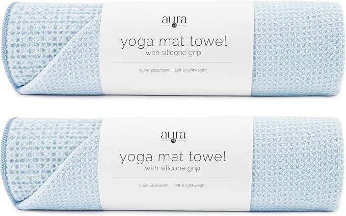 S&T INC. Aura Yoga Mat Towel with Non-Slip Grip, Enhanced Silicone Grip, Soft and Absorbent for Gym, Pilates, and Hot Yoga Mat, 2 Pack, 24 inches x 72 inches, 340GSM, Blue