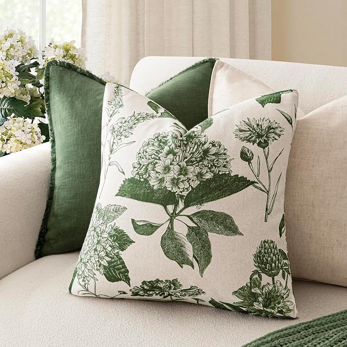 Foindtower Set of 2 Linen Floral Throw Pillow Covers Neutral Vintage Print Decorative Cozy Cushion Covers Farmhouse Boho Home Decor for Sofa Chair Couch Bedroom Living Room,20×20 Inch,Dark Green