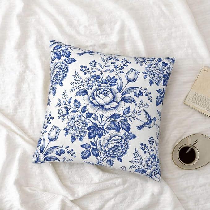 Blue White Chinoiserie Floral Throw Pillow Covers 18x18 Set of 2 Farmhouse Decorative Cushion Cases Home Decor