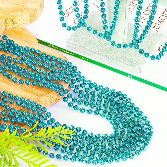 24PCS Mardi Gras Beads, Metallic Blue Bead Necklace Party Favors, 33" Mardi Gras Necklace Stuff, Festival Parade Throw Accessories for Wedding Birthday Gender Reveal Party Supplies Decor