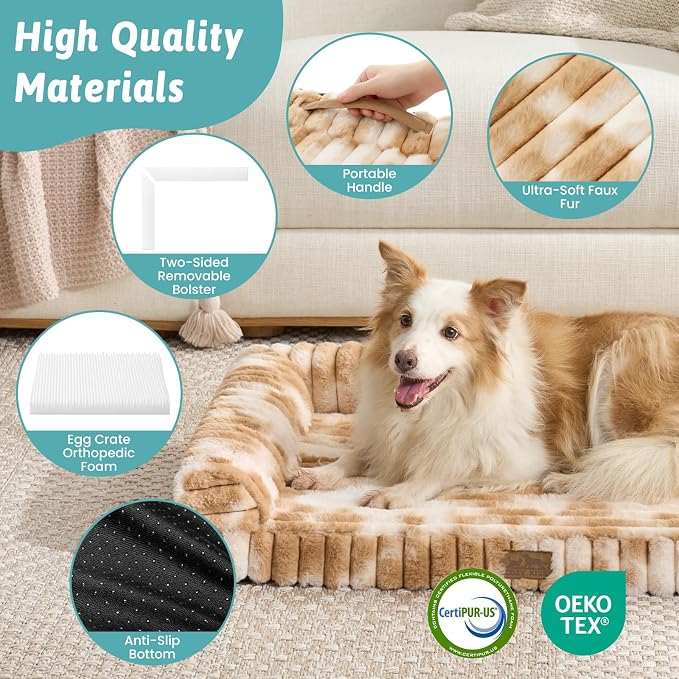 COZY KISS Faux Rabbit Fur Large Dog Bed – 44"x32" Orthopedic Foam Couch with Sides, Removable Washable Cover & Waterproof Lining, Tie-Dye Brown