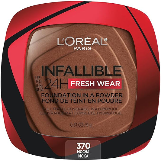 L'Oreal Paris Makeup Infallible Fresh Wear Foundation in a Powder, Up to 24H Wear, Waterproof, Mocha, 0.31 oz.