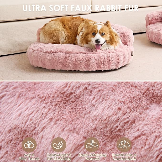 EHEYCIGA Soft Cat Couch Bed for Indoor Cats, Fluffy Small Dog Bed with Removable Washable Cover, Bolster Pet Sofa, Waterproof and Non-Slip, 24" x 24"x 7", Pink