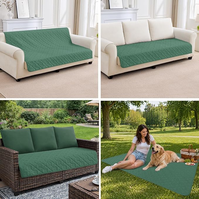 PAWFINITY Waterproof Loveseat Covers for Dogs, Pet Blanket for Couch | Paw Print Quilted, Hair Resistant, Anti Cat Scratch, Washable Protector for 2 Seat Sofa & Chair Cushion, 30x62 Inch, Green