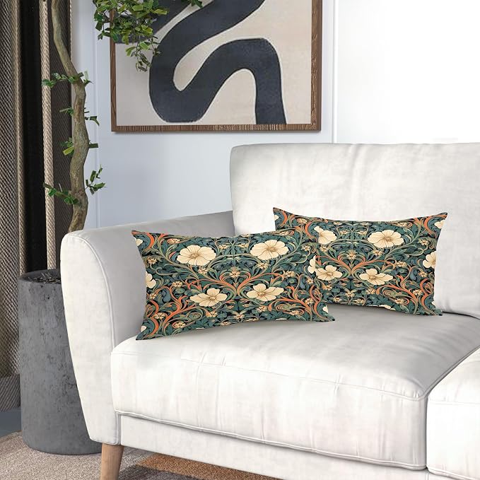 Vintage Floral Lumbar Pillow Covers 12X20 Inch Orange Whtie Green Toile Flowers Pillow Cases Chinoiserie Aesthetic Tapestry Linen Cushion Case Farmhouse Home Decor For Sofa Couch Porch Outdoor Pack 2