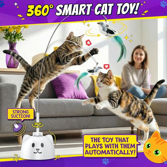 Interactive Cat Toys for Indoor Cats, 360° Automatic Spin Flying Bird Wand