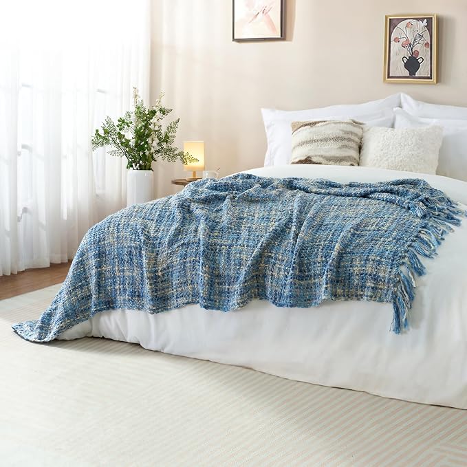Multi-Color Cable Woven Throw Blanket for Couch - 60"X80" | Multicolored Boho Style,Super Soft Warm Cozy Chunky Blankets with Decorative Tassels for Bed and Sofa,Light Blue