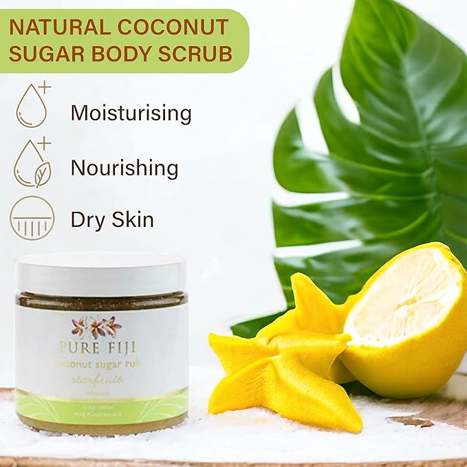 Pure Fiji Coconut Sugar Body Scrub - Body Exfoliator Scrub Natural Origin for Smooths and Softens Skin - Organic Exfoliating Sugar Scrub for Body, Starfruit, 15.5 Oz
