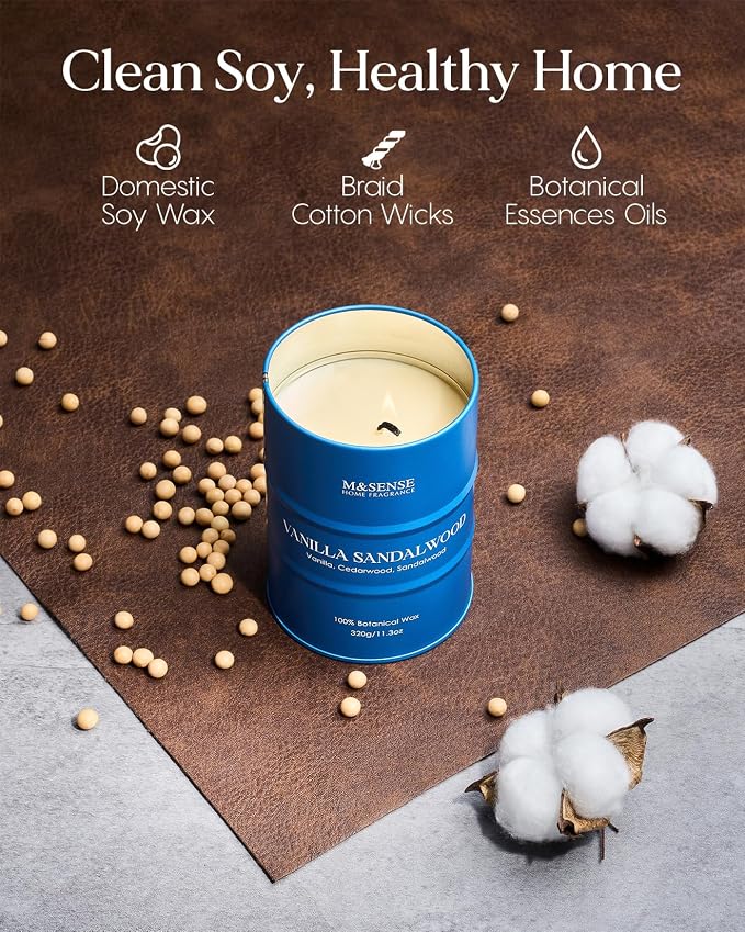 M&SENSE Vanilla Sandalwood Scented Candles,Fall Candles Natural Non Toxic, Soy Candle for Stress Relief Meditation Relaxing, Housewarming Gifts for Women Men, 11.3oz 70 Hour Long Burning
