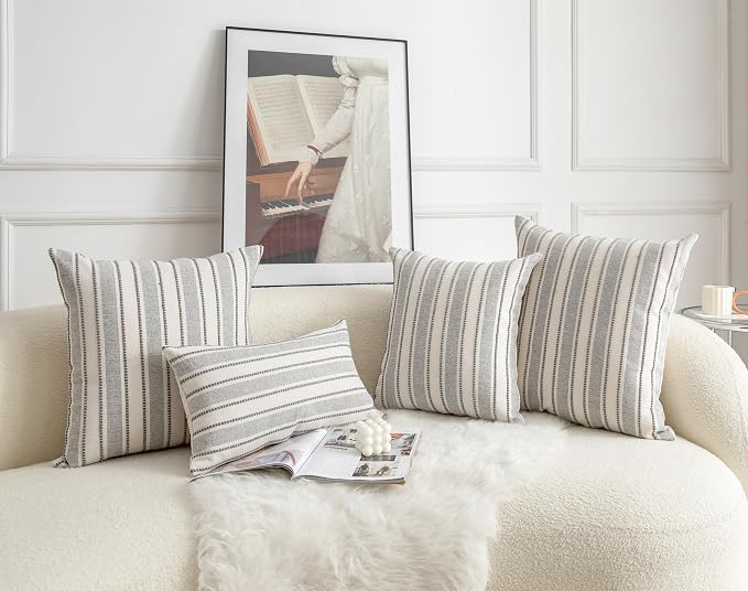 Cethom Decorative Boho Throw Pillow Covers, Farmhouse Textured Pillow Case, 22 x 22 Inch Set of 2, Chair Sofa Bedroom Living Room Home Decor Couch Cushion Case, Grey and Beige Striped
