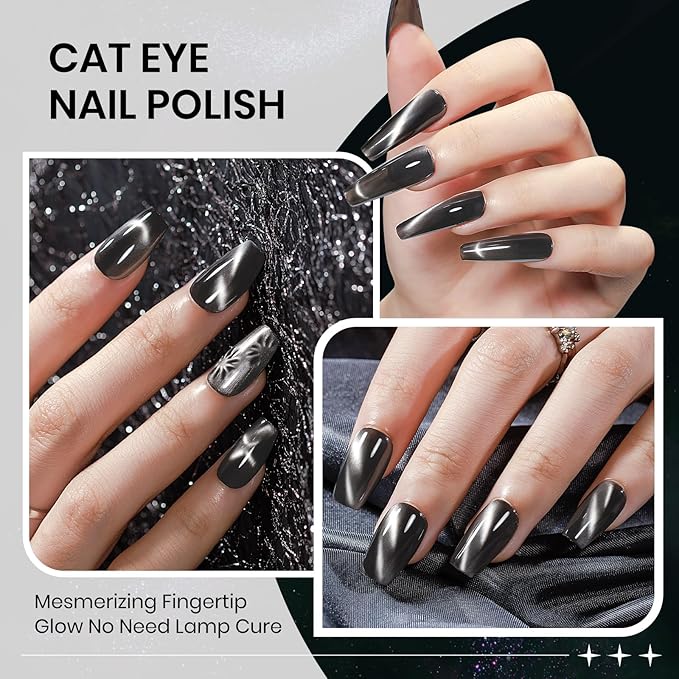 Black Cat Eye Nail Polish Non Gel, Magnetic Nail Polish Lacquer Quick Dry Shimmer Glitter Effect with Magnet Air Fast Dry Manicure DIY Salon 16ml/0.54 oz
