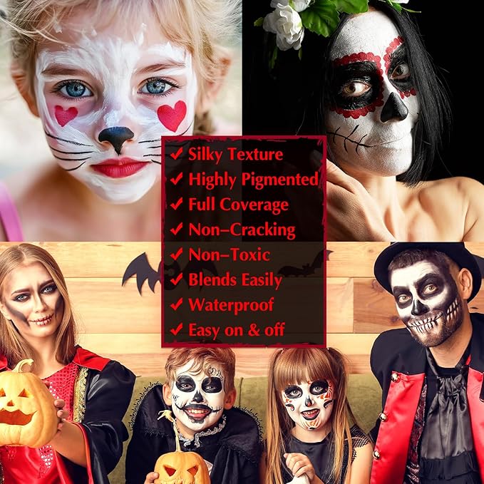 Black White Red Face & Body Paint - Blendable Facepaint Foundation with Sponge & Brush for Skin, Professional Halloween Face Make-up Kit for Zombie Clown Vampire Skeleton Skull Joker Costume