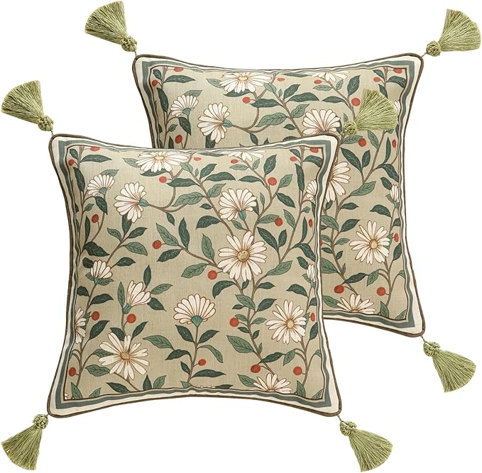 Designer Linen Square Throw Pillow Cover,Set of 2,18"x18"-Brune A | Vintage French Elegant Pillow Cover,Concealed Zipper Design,Floral Pattern,Sofa,Bedroom,Living Room,Lounge Chairs