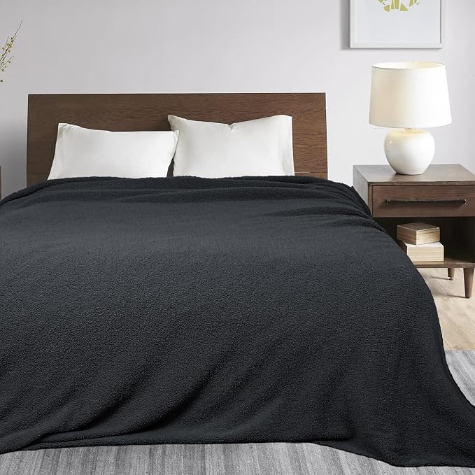 Dark Grey Black Fuzzy Knitted Blanket, Soft Lightweight Plush Queen Size Blanket for Bed, Cozy Nights, Charcoal Grey, 90x90