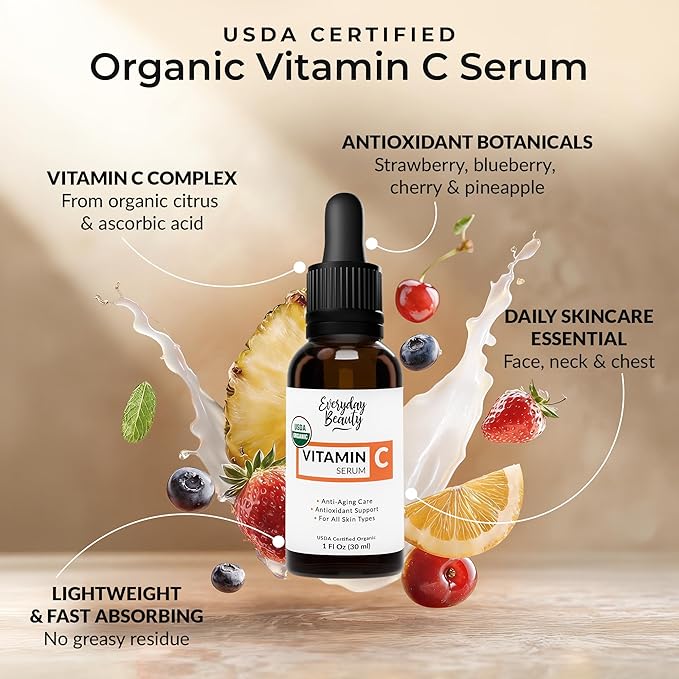 Organic Vitamin C Serum for Face - USDA Certified Facial Serum - Anti Aging For Fine Lines & Wrinkles - Potent Botanical Ingredients & Non GMO - 1 Fl Oz Glass Bottle & Dropper