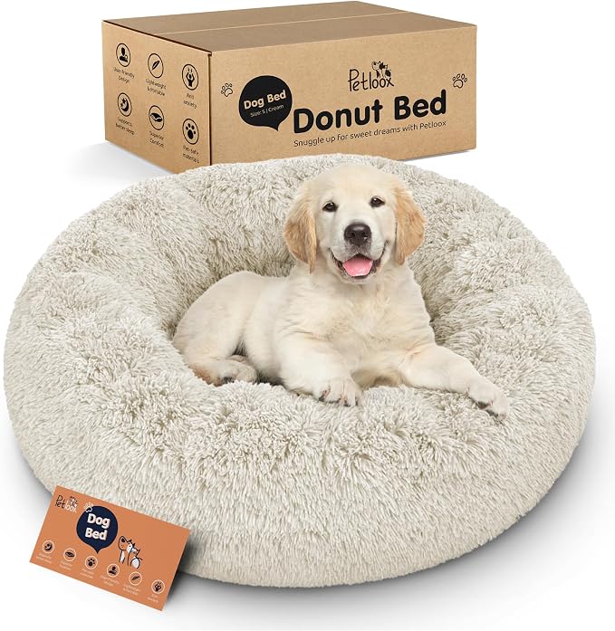 Donut Dog Bed - Premium Comfort for Anxiety Relief - Fluffy & Calming Design with Ultra-Plush Support | Cozy Round Dog Bed with Super Soft Circle Style (Cream, Small)