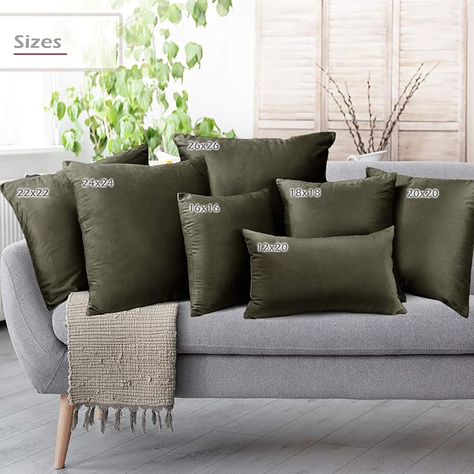 Nestl Throw Pillow Inserts Pack of 2 with Velvet Soft Solid Decorative Square Throw Pillow Covers Set for Sofa Couch Car Bedroom, 22X22 Throw Pillows Inserts with 20x20 Washable Cushion Covers, Khaki