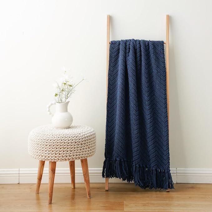 BATTILO HOME Navy Blue Throw Blanket for Couch, 60"x80" | Super Soft Cozy Warm Dark Blue Throws for Twin Bed, Knit Woven Chenille Blanket Versatile for Sofa Bedroom Home Decor